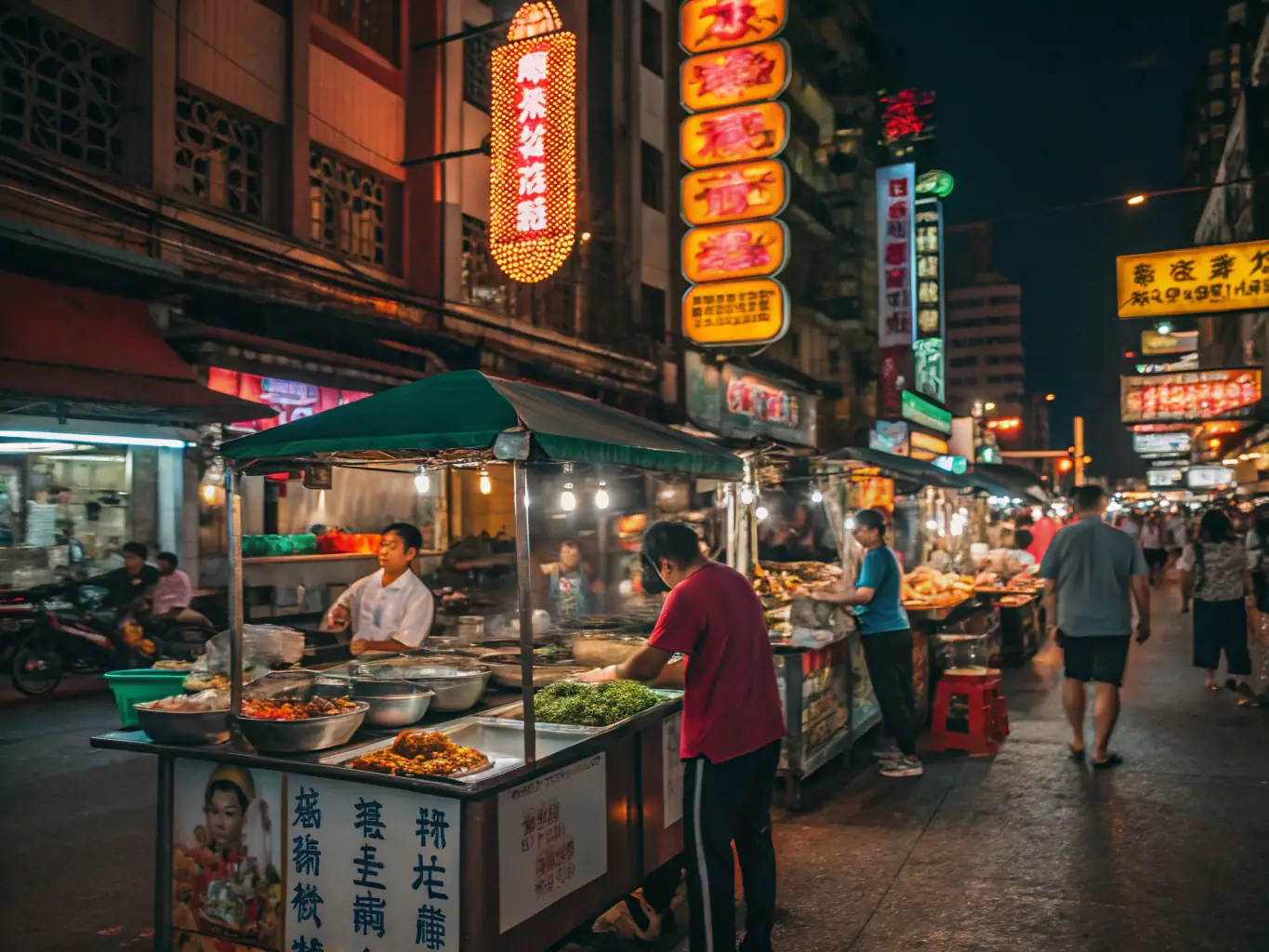 A vibrant photo of the Chiang Mai Night Bazaar, filled with colorful stalls, bustling crowds, and a variety of local handicrafts and street food.