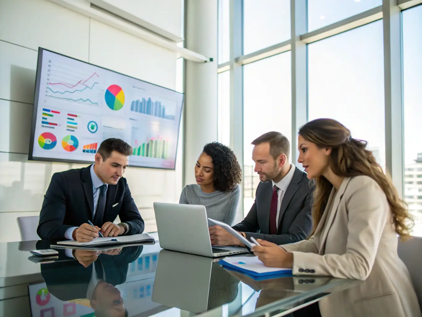A group of business professionals collaborating around a table, discussing strategies for company registration and business setup, highlighting the company's expertise in these areas.