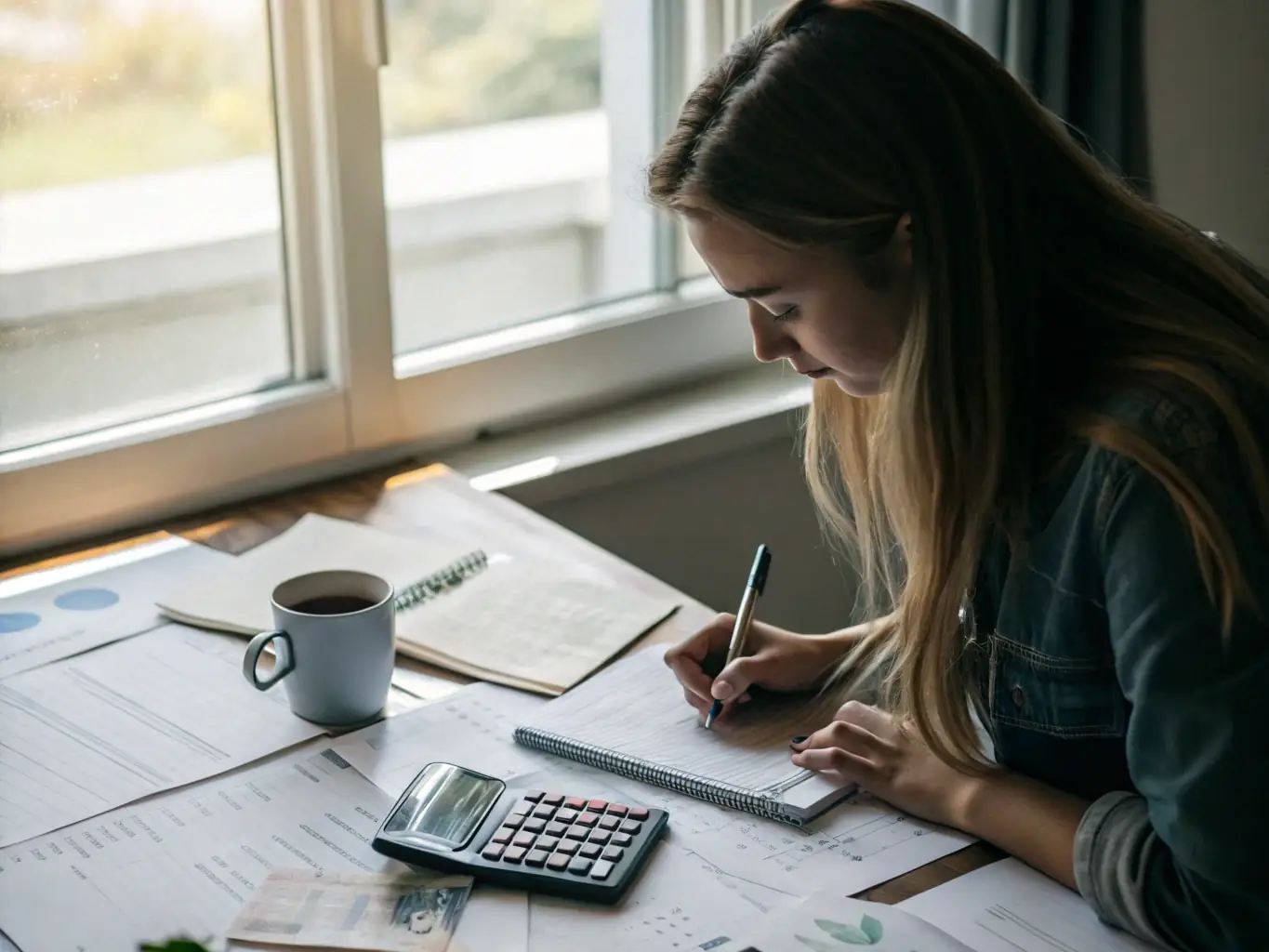 A professional accountant meticulously reviewing financial documents in a modern office setting, symbolizing the company's commitment to accuracy and detail in bookkeeping services.