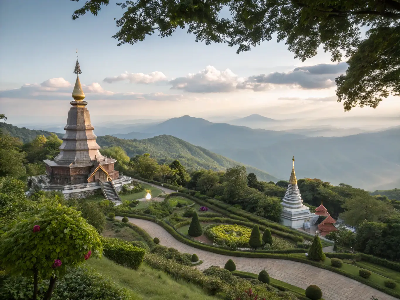 A serene image of Doi Suthep temple at sunset, showcasing its golden spires and panoramic view of Chiang Mai city below.